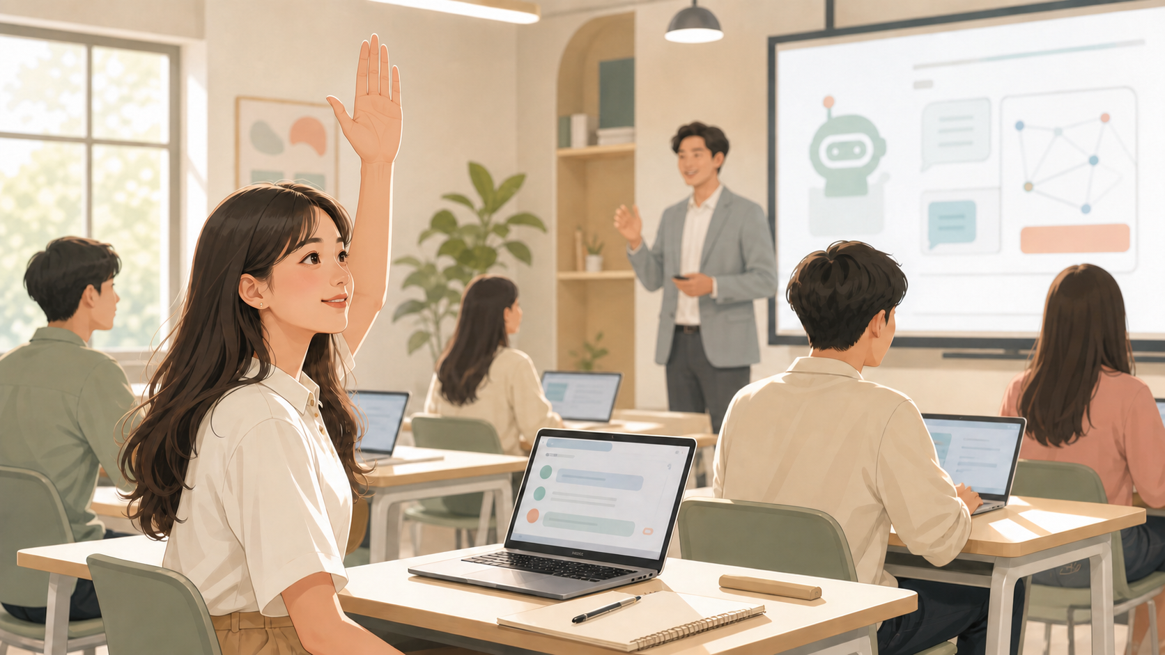 ตัวละครหญิงยกมือถามระหว่าง Workshop AI