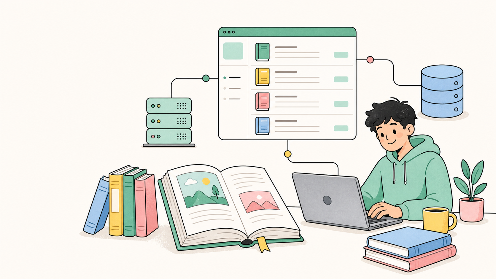 นักศึกษาพัฒนาเว็บแค็ตตาล็อกหนังสือ โดยมีหน้าจอรายการหนังสือ เซิร์ฟเวอร์ API และฐานข้อมูลเชื่อมโยงกัน