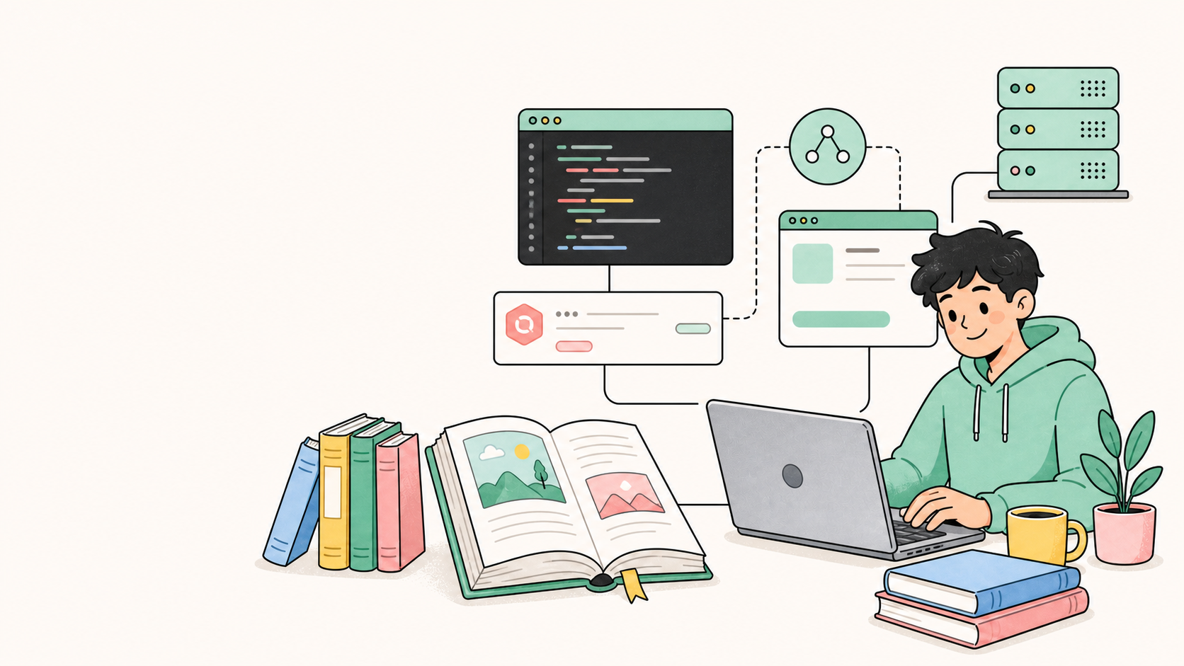 นักศึกษากำลังตั้งค่าเครื่องมือพัฒนา สร้าง NestJS API แรก และเชื่อมเส้นทาง API กับเบราว์เซอร์