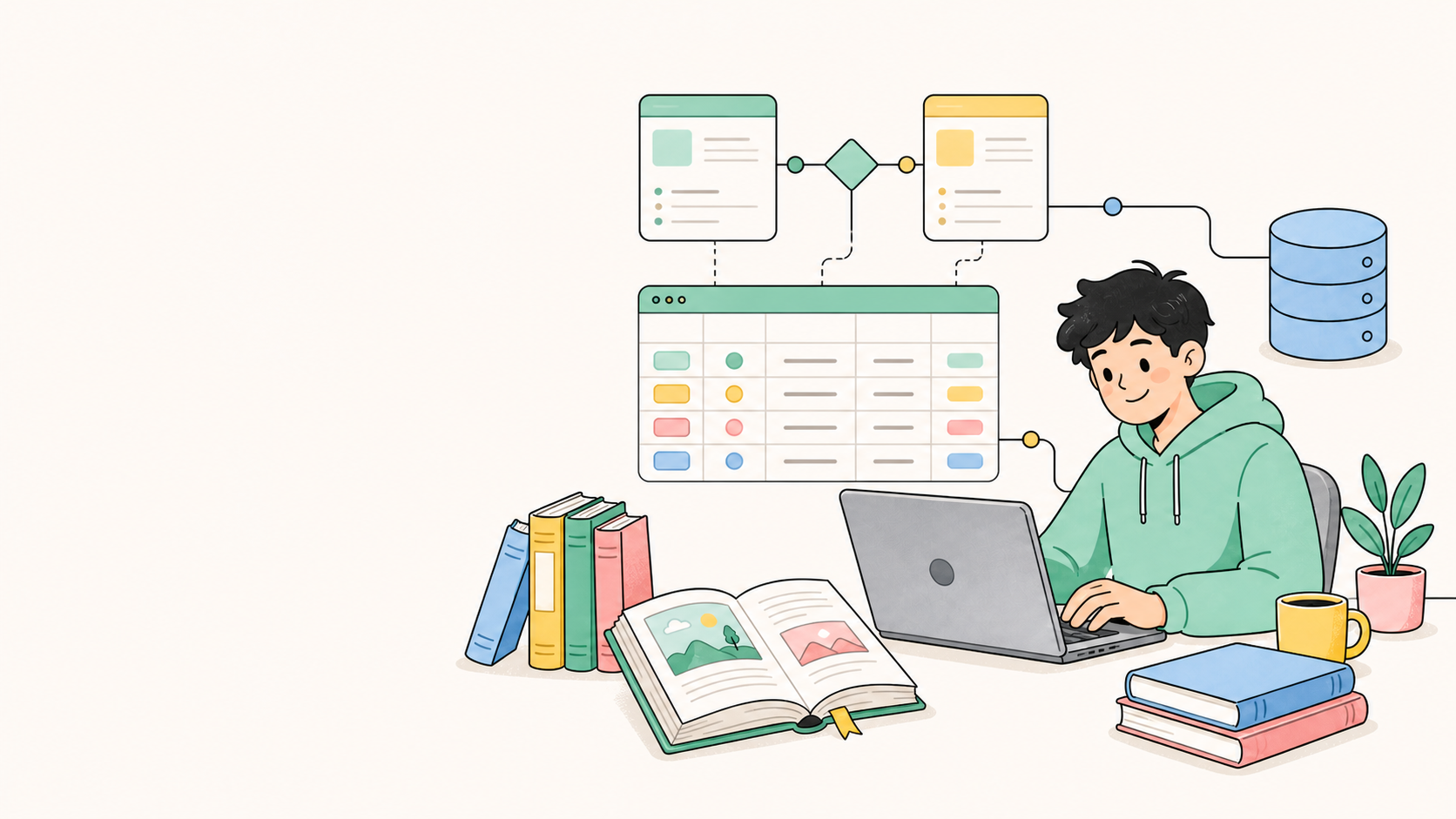 นักศึกษากำลังเชื่อม PostgreSQL และ Prisma โดยมีแผนภาพข้อมูลหนังสือและหมวดหมู่
