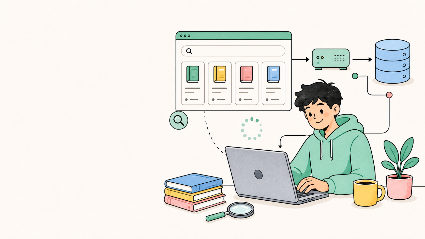 นักศึกษากำลังเชื่อมหน้า Angular กับ NestJS API และฐานข้อมูล พร้อมค้นหาหนังสือ