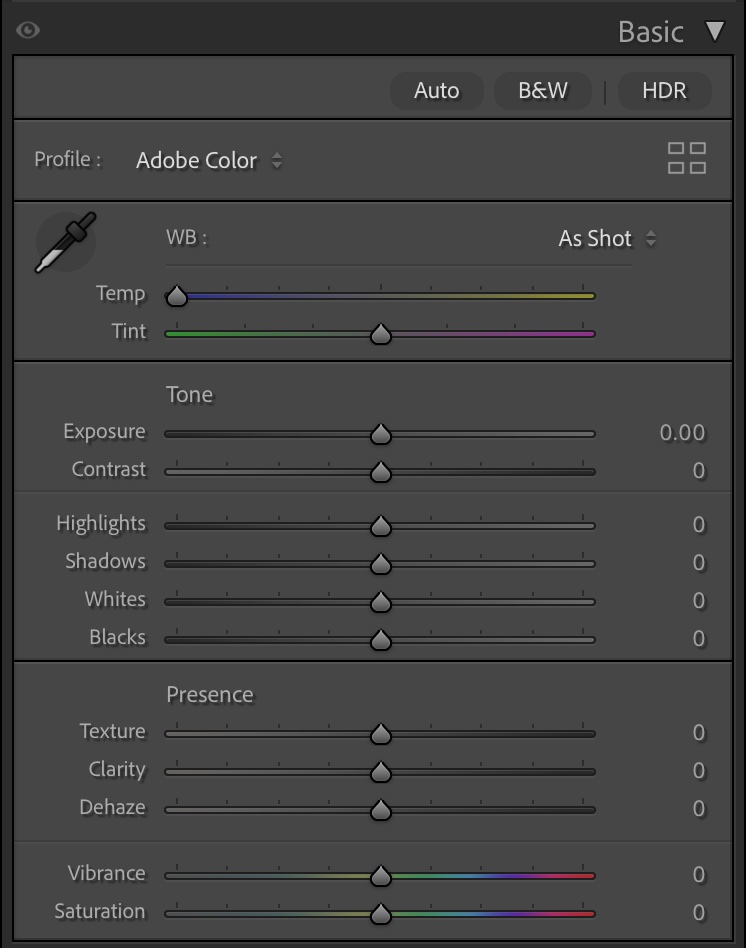 แผง Basic ใน Lightroom แสดงสไลเดอร์ Profile, White Balance, Tone และ Presence ครบชุด