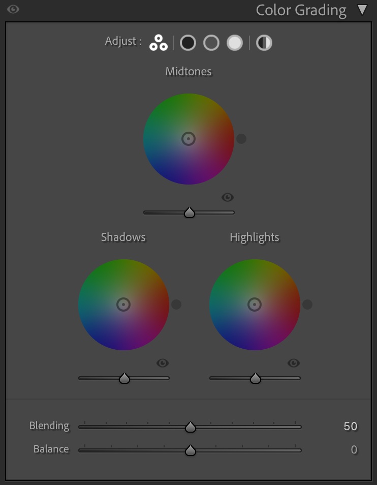 Color Grading Panel ใน Lightroom ตั้งค่า Hue/Saturation แยก Shadow, Midtone, Highlight