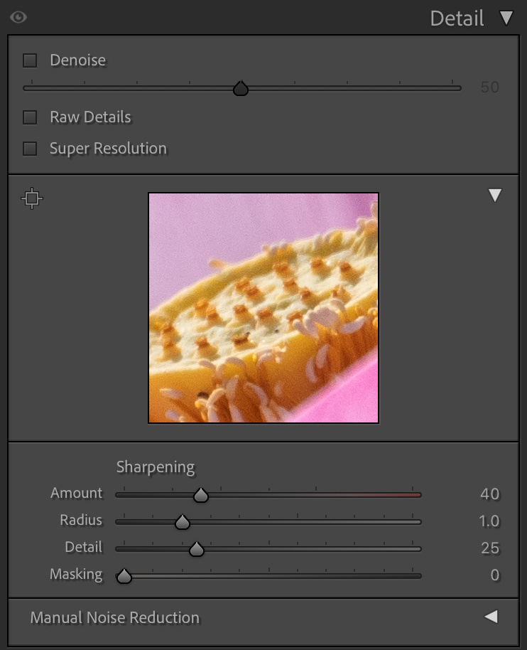 Detail Panel ใน Lightroom แสดง Sharpening และ Noise Reduction