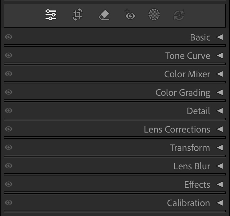 แผง Develop Module ด้านขวาของ Lightroom แสดงรายการ Basic, Tone Curve, Color Mixer, Color Grading, Detail และ Panel อื่นๆ