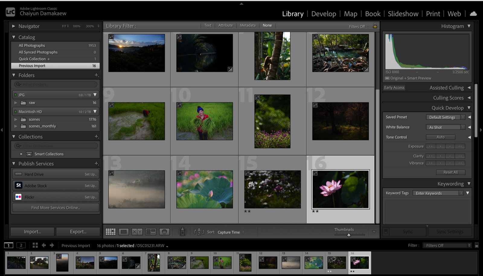 หน้าจอ Lightroom Classic โหมด Library แสดง Catalog panel, Grid view, Histogram และ Quick Develop