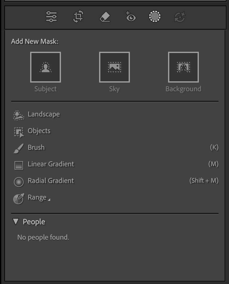 Masks Panel ใน Lightroom แสดงตัวเลือก Select Subject, Sky, Background, Brush, Gradient และ Range Mask