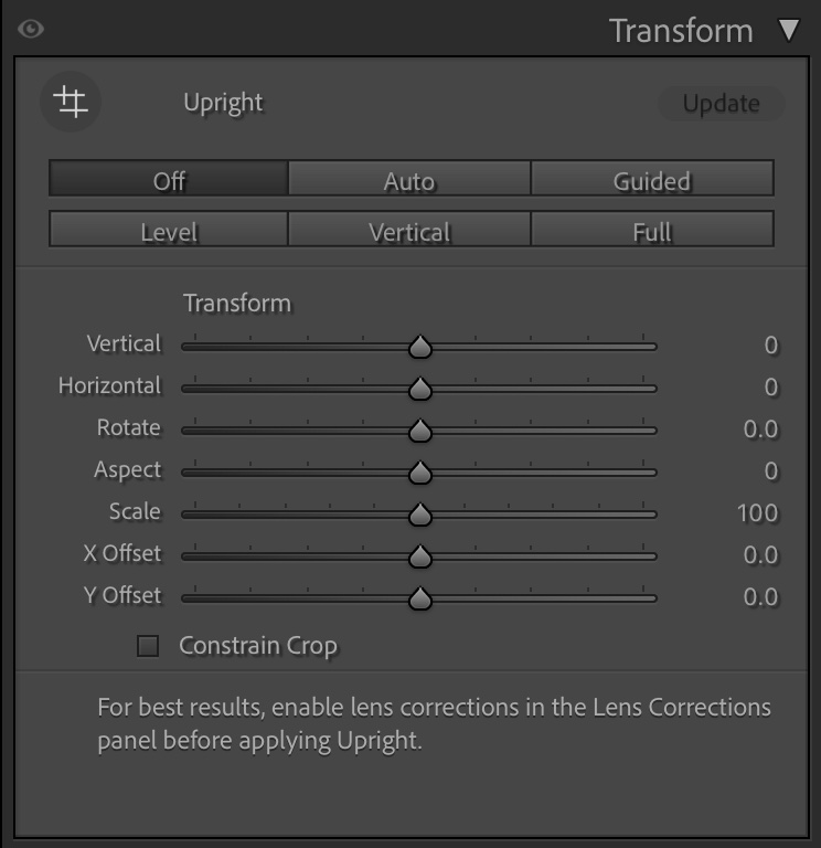 Transform Panel ใน Lightroom สำหรับแก้เส้นเอียงจาก Perspective